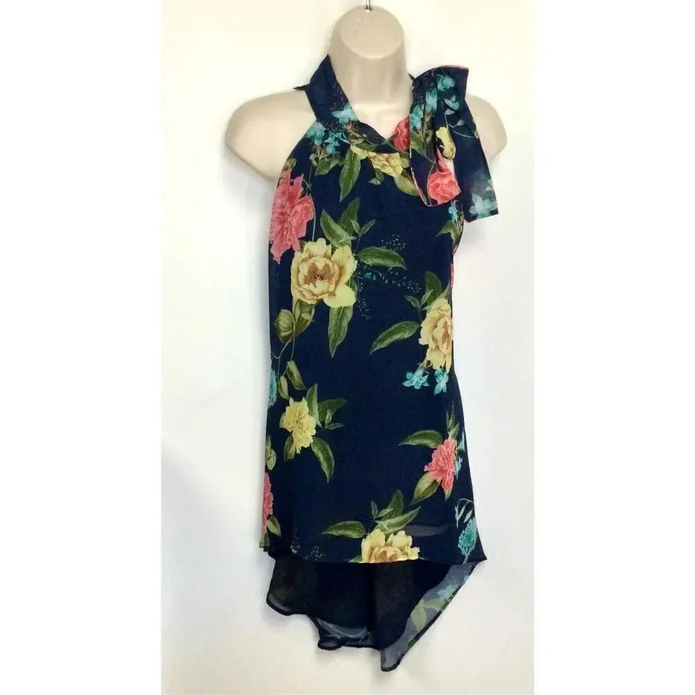 Sweet Pea NY&Co Stacy Frati Womens Navy Blue Floral High Low high low shirt Larg